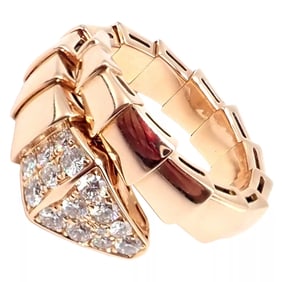 Authentic! Bulgari Bvlgari Serpenti Viper 18k Rose Gold Diamond Large Ring