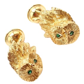 Rare! Vintage Tiffany & Co. 18k Yellow Gold Emerald Owl Germany 1989 Cufflinks