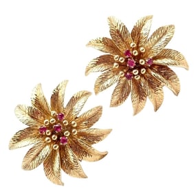 Authentic! Vintage Tiffany & Co 18k Yellow Gold Ruby Flower Earrings