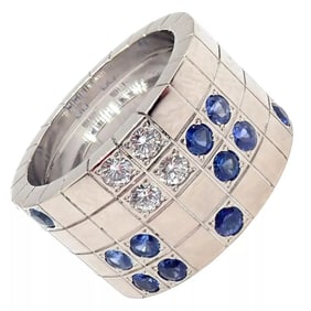 Cartier 18k White Gold Lanieres Diamond Blue Sapphire Wide Band Ring 52 6