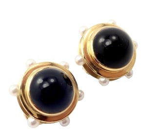 Vintage Authentic Rare Tiffany & Co. 18k Yellow Gold Pearl Onyx Earrings