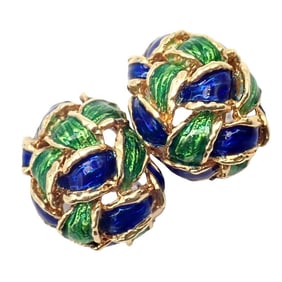 Vintage Tiffany & Co Green Blue Enamel 18k Yellow Gold Basket Weave Earrings