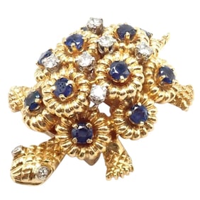 Rare! Authentic Tiffany & Co. Turtle 18k Yellow Gold Diamond Sapphire Pin Brooch