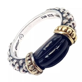 Authentic! Lagos Caviar Silver + 18k Yellow Gold Onyx Ring sz 5.5