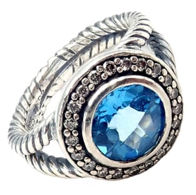 David Yurman DY Silver Blue Topaz Diamond Albion Split Cable Ring sz 7
