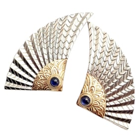 Rare! Erte CFA 14k Yellow Gold + Silver Nile Large Fan Sapphire Earrings