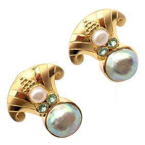 Rare! Vintage Paula Crevoshay 18k Gold Abalone Pearl Blue Gemstone Earrings OOAK