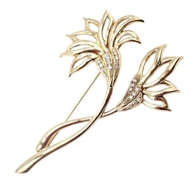 Rare! Vintage Mikimoto 18k Yellow Gold Diamond Large Double Flower Brooch