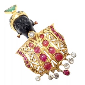 Rare! Ethel Merman Estate 18k Yellow Gold Large Blackamoor Diamond Ruby Brooch