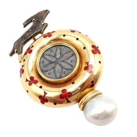 Vintage Elizabeth Gage 18k Yellow Gold Pearl Ancient Coin Enamel Hare Pin Brooch