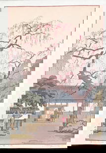 Toshi Yoshida (1911 - 1995): Cherry Blossoms By The Gate: Artist/Title: Toshi Yoshida (1911 - 1995): Cherry Blossoms By The Gate Medium: Woodblock Print Size/Format: The print image measures 91/2 X 14 5/8 inches plus margins Condition: The print is in excell