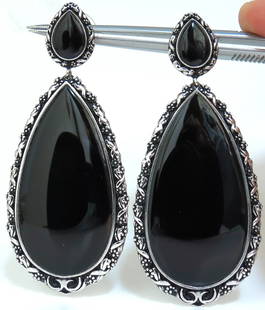18KT GOTHIC REVIVAL GILT DECO NATURAL JET BLACK ONYX DANGLE EARRINGS+: ONLY MAGNIFICENT JEWELS Victorian Inspired Gothic Jet Black Natural Onyx 3D Raised Gilt deco 18Kt. White gold. 32 Grams. 2.48 Inch long 1.09 inch wide at lower dangle. $5500 Appraisal will accompany E