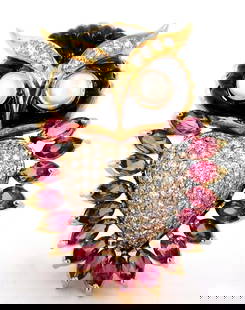 3.90CT NATURAL TOURMALINE DIAMONDS MOONSTONE BLACK ONYX 3D OWL BROOCH PIN 18KT+: 3D Real Life Owl Brooch. Please notice details, beautifully intricate. Excellent condition. 2.50ct. Natural Pink Tourmalines Marquise cuts, clean clarity and transparent. 1.40ct. round diamonds: G-col