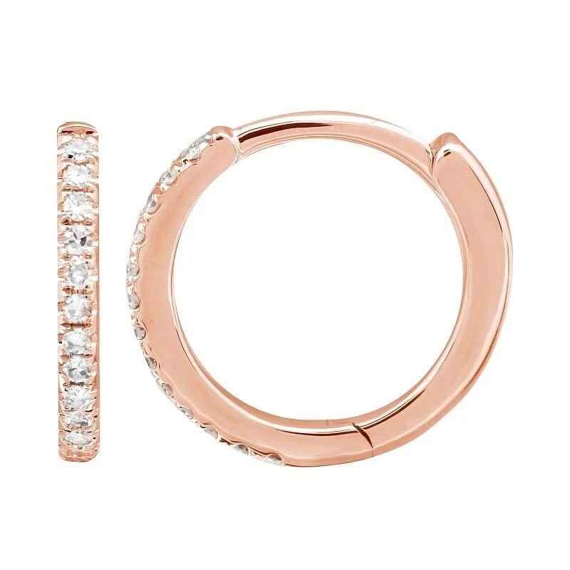 Thin Diamond Huggie Small Hoop Earrings 14K Pink Rose Gold .10 CTW, 11.2 mm: Thin Diamond Huggie Small Hoop Earrings 14K Pink Rose Gold .10 CTW, 11.2 mm These are lovely earrings! Please let us know if you have any questions. Diamonds: 26 rounds .10 ctw, F-G, SI1 Metal: 14K ro