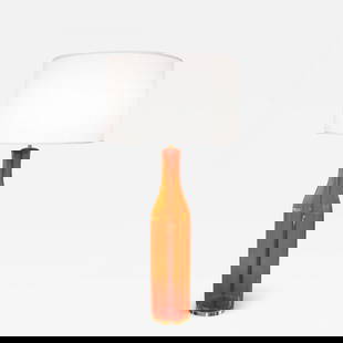 Single Mid-Century Large Orange Blown Glass Bottle Shape Table Lamp by Blenko: Title: Single Mid-Century Large Orange Blown Glass Bottle Shape Table Lamp by Blenko Description: Single Mid-Century Large Orange Blown Glass Bottle Shape Table Lamp by Blenko Blenko Large Orange Glas