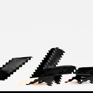 Pierre Jeanneret, French Mid-Century Modern, Slipper Chairs, Black Cowhide, Teak: Title: Pierre Jeanneret, French Mid-Century Modern, Slipper Chairs, Black Cowhide, Teak Description: Pierre Jeanneret, French Mid-Century Modern, Slipper Chairs, Black Cowhide, Teak, Chandigarh Pair o