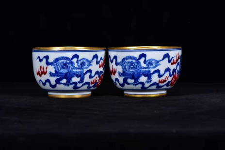 A Pair Chinese Gilt Gold Blue and White Porcelain Cup: Title: A Pair Chinese Gilt Gold Blue and White Porcelain Cup Date/Period: After1880 Origin: Chinese Dimension: 85x60(mm) 3.35x2.36(inches) Materials: Porcelain Reserve: $550.00 Shipping: Domestic: Shi