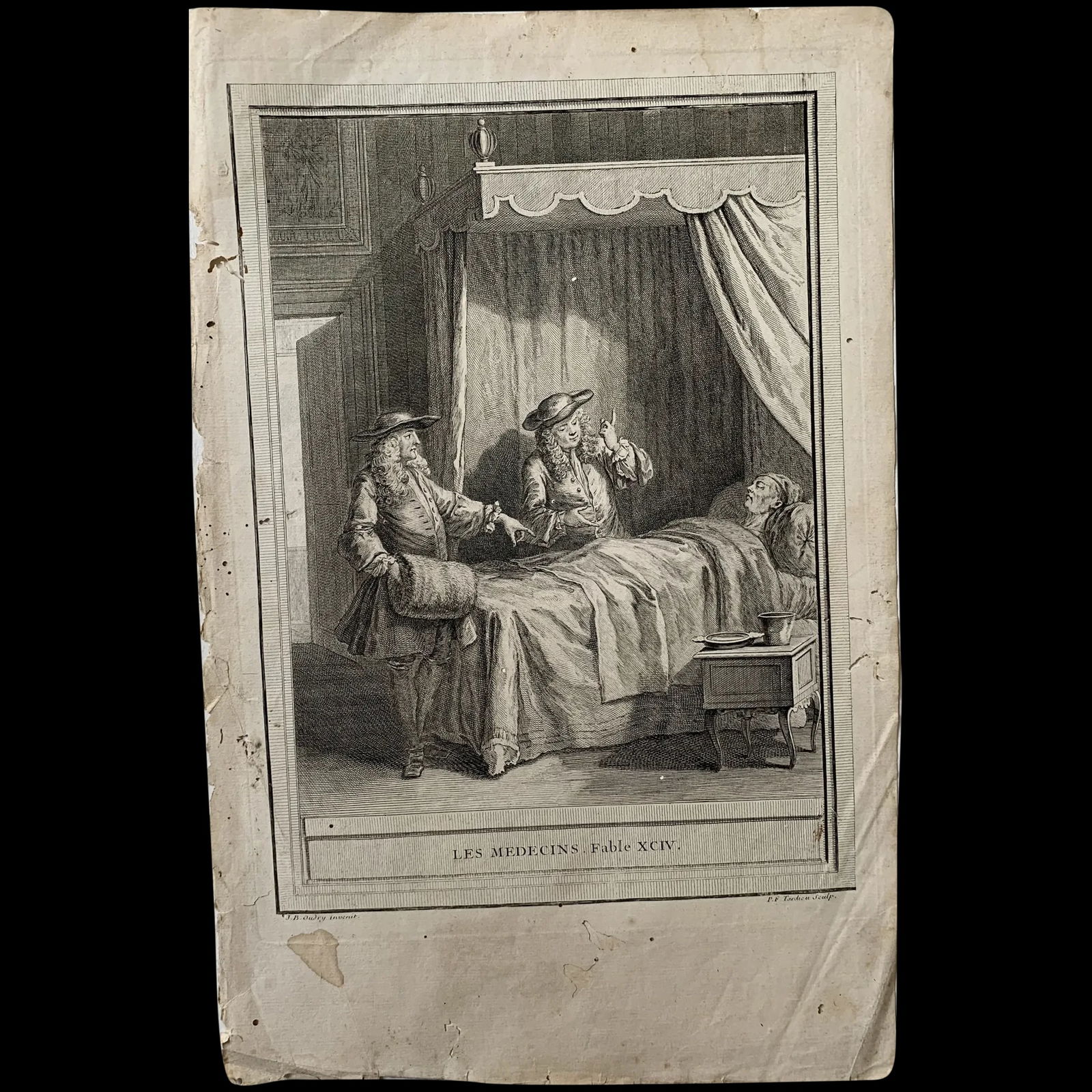 1760. The doctors. Jean de la Fontaine's fable.: The doctors. Title: Les Medecins. Engraver: René Gaillard (1719 c.-1790) Artist: after Jean-Baptiste Oudry (1686 – 1755) Provenance: This engraving appeared in the complete edition of La Fo