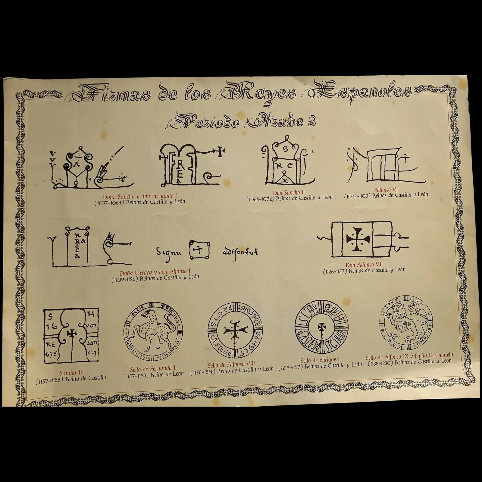 Two facsimiles with Spanish kings official signatures in Christian and Arabic periods: Two facsimiles with Spanish kings official signatures in Christian and Arabic periods. Size: 41x29 cms. Condition: paper damaged in the back of one facsimile. Reserve: $50.00 Shipping: Domestic: Flat-