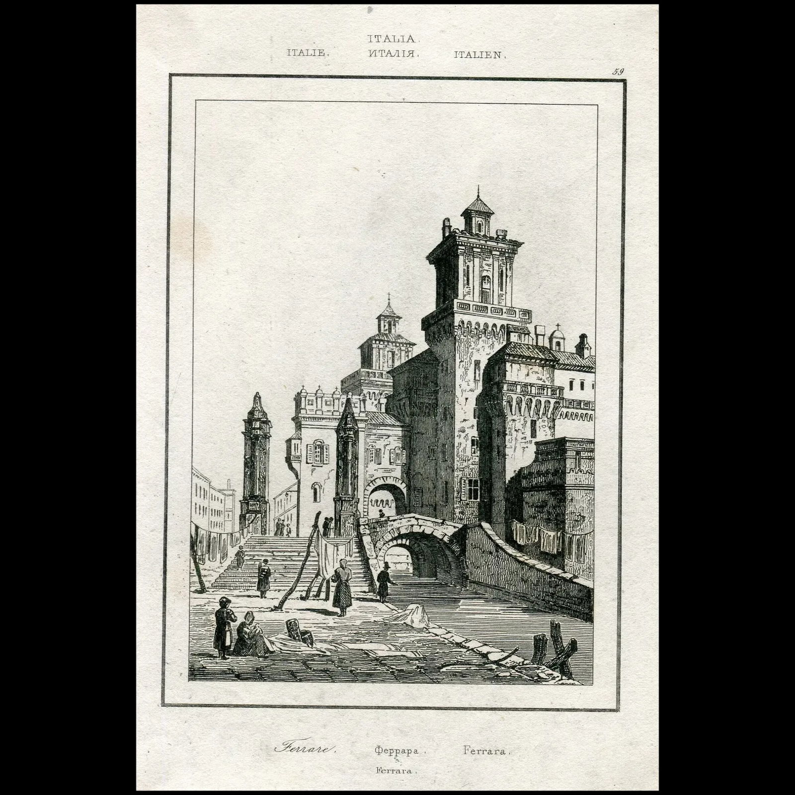 1840. Ferrara, Italy.: Ferrara, Italy. Artist: after Samuel Prout (1783 - 1852). Media: steel engraving. Production date: 1840. Stuck to paper. Siez: 13x18,5 cms. Condition: good. Reserve: $45.00 Shipping: Domestic: Fl