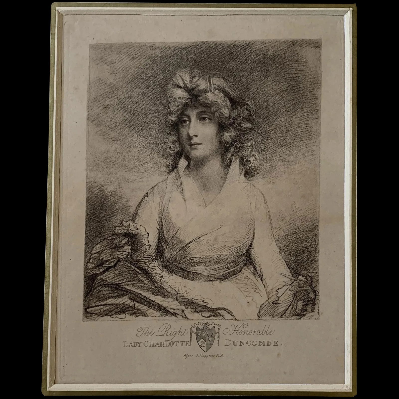 Portrait of Lady Charlotte Duncombe, after John Hoppner: Portrait of Lady Charlotte Duncombe Engraver: Charles Wilkin (c. 1750 – 28 May 1814, in London), Artist: after John Hoppner (4 April 1758 – 23 January 1810). Materials & Techniques: Stippl