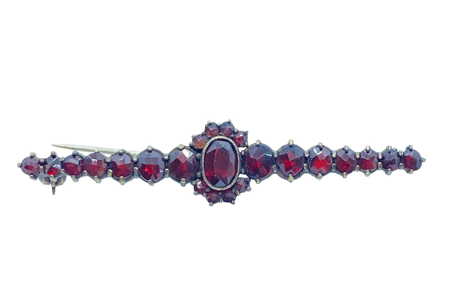 Antique 10 K Bohemian Garnet Brooch—pin: Vintage from the 1920s Materials: Yellow gold Gemstone: Garnet Style: Art deco Length: 2 Inches Wow this one is amazing !! all original stones excellent condition super pretty center oval, bezel set,
