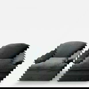 Pair of American Mid-Century Modern Grey Swivel / Lounge Chairs, Scroll Arm: Title: Pair of American Mid-Century Modern Grey Swivel / Lounge Chairs, Scroll Arm Description: Pair of American Mid-Century Modern Grey Swivel / Lounge Chairs, Scroll Arm Newly upholstered pair of la