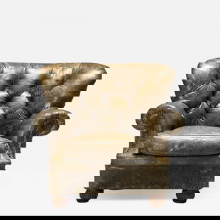 Georgian, Chesterfield, Oversized Lounge Chair, Tufted Green Leather: Title: Georgian, Chesterfield, Oversized Lounge Chair, Tufted Green Leather Description: Georgian, Oversized Lounge Chair or Armchair, Chesterfield, Tufted Green Leather Large wingback tufted lounge o