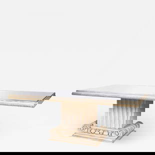 Grosfeld House Coffee Low Table Mirrored Top: Title: Grosfeld House Coffee Low Table Mirrored Top Description: An off-white paint decorated coffee - low table by Grosfeld House. The pilaster column base supporting a wooden gallery mirrored top. M
