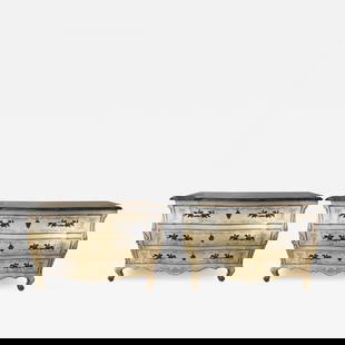 Pair of Painted Bombe Marble-Top Chests or Commodes by John Widdicomb: Title: Pair of Painted Bombe Marble-Top Chests or Commodes by John Widdicomb Description: John Widdicomb made in England pair of painted Bombe marble-top chests. Each chest with oak secondaries in the