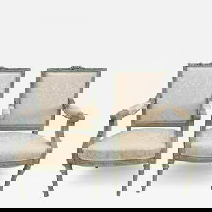 Pair of Louis XVI Style Throne or Arm Chairs, Paint Decorated Frames: Title: Pair of Louis XVI Style Throne or Arm Chairs, Paint Decorated Frames Description: Pair of finely upholstered Louis XVI style throne or arm chairs in paint decorated frames. Each having carved t