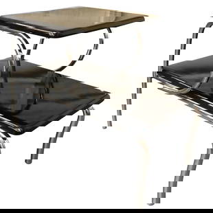 Wolfgang Hoffmann Style Art Deco Chrome & Micarta Side Table: About the Item Streamlined Art Deco table inspired by Wolfgang Hoffmann. Chromed metal tubular "P" shaped legs that meet at the floor with two-tier black laminate micarta tops. Similar to: Wolfgang