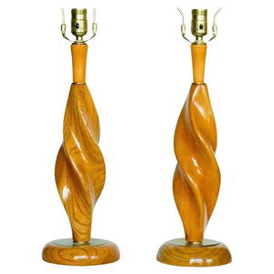Mid-century Carved Spiral Oak & Brass Sculptural Table Lamps by Yasha Heifetz