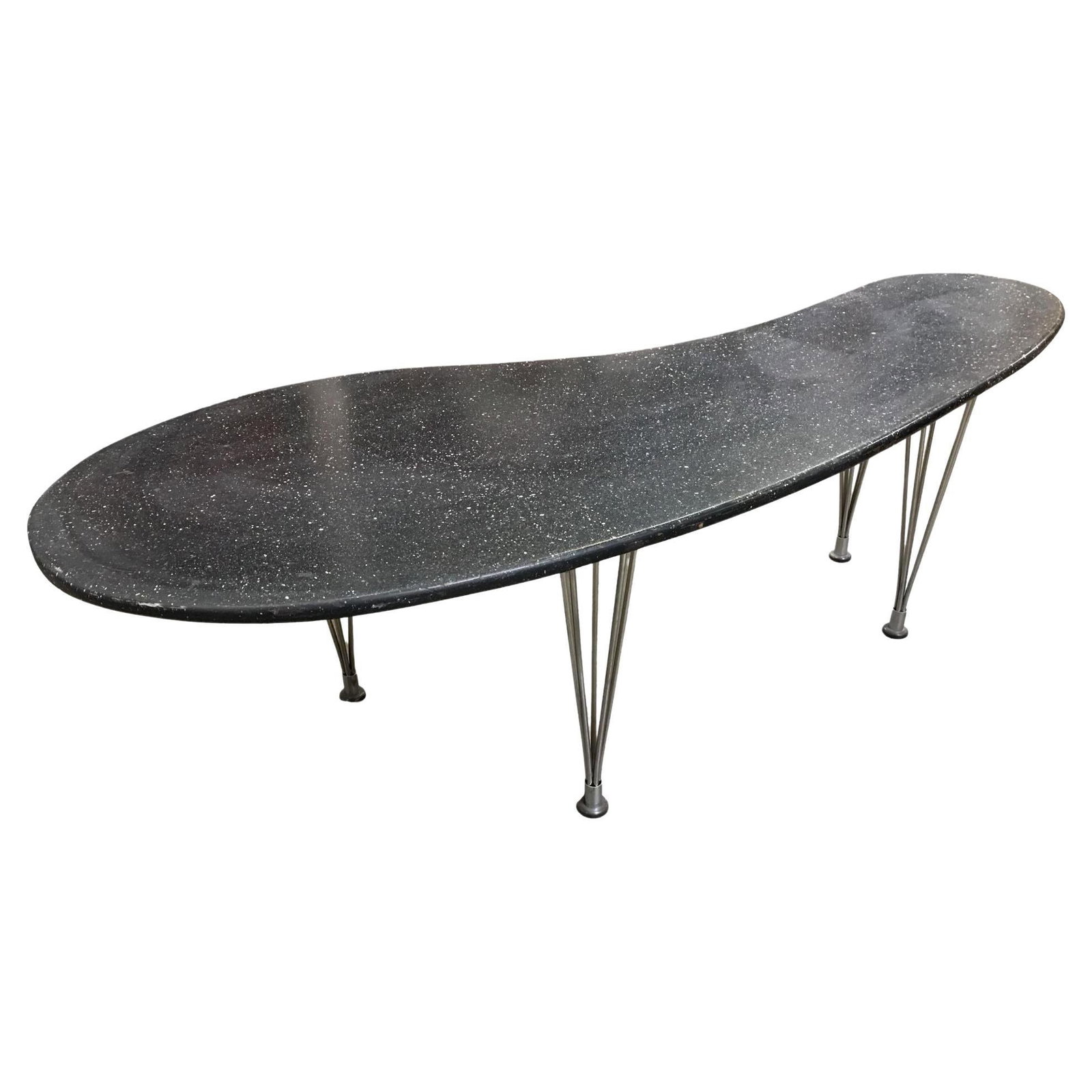 Large 67" Mid-Century Bruno Mathsson Biomorphic Coffee Table w/ Wire Spoke Legs: About the Item Made by Bruno Mathsson this Large 67" wide Mid-Century Scandinavian Biomorphic coffee table with a speckled paint tabletop finished with custom made chrome wire-spoke legs. Bruno Mathss