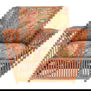 Presidents Art Deco Stick Reed Rattan "Nantucket" Lounge Armchair: About the Item Freshly made custom-made large stick rattan "Nantucket" lounge chair featuring wicker wrappings with holders for both drinks and magazines. Seat Height 18" Also available in any quantit