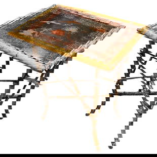 Original Hand Painted Tiger Bamboo Pedestal Side Table: About the Item Turn of the 20th Century Aesthetic Movement tiger bamboo pedestal side table with a hand-painted scenic top portraying a bird with floral scenery, a large square top, and crop "X" base