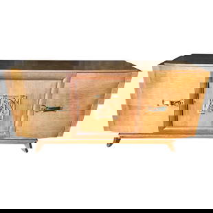 James Mont Style Sideboard with Carved Art Sculpture: About the Item Early James Mont style 1940s midcentury era sideboard with hand carved East Asian art sculpture along the front. Dimensions: Height: 37 in (93.98 cm)Width: 77 in (195.58 cm)Depth: 20 in