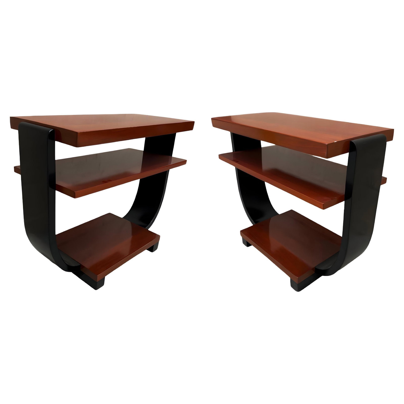 Art Deco Two-Tone Geometric Side Tables by Gilbert Rohde for Brown Saltman, Pair: About the Item Two-tone Gilbert Rohde Side table for Brown Saltman 1940s made of Pearwood. Fantastic Side Profile with a great geometric round cantalevered stacking table and curio display for any sma