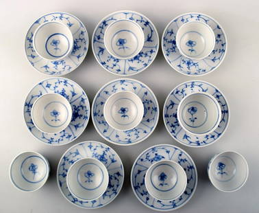 8 persons antique blue fluted coffee service, presumably Germany, year 1800-1850.: 8 persons antique blue fluted coffee service, presumably Germany, year 1800-1850. 2 extra cups included. Hallmarked illegible. Cup measuring 5.5 x 7.5 cm. Saucer measures 14 cm. In good condition, one