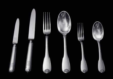 Puiforcat (Hermes) - 70pc. Antique French Sterling Silver Flatware Set + Storage Chests !: Title: Puiforcat (Hermes) - 70pc. Antique French Sterling Silver Flatware Set + Storage Chests ! Description:Direct from Paris, a stunning 70pc. antique French 19th century sterling silver flatware se