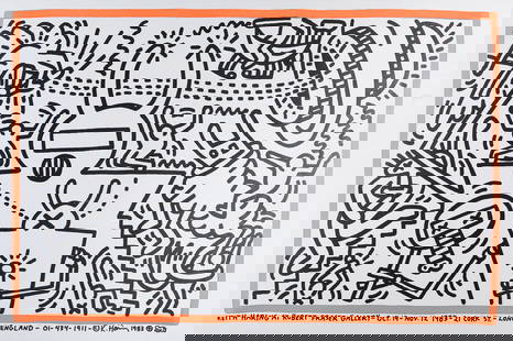 Keith Haring Untitled Print: Title: Keith Haring Untitled Print Description: Keith Haring Untitled Print measuring at 26.5x40 inches Date: Unknown Material: Fine Art Paper Additional Information: Possible Reproduction/Printed Lat