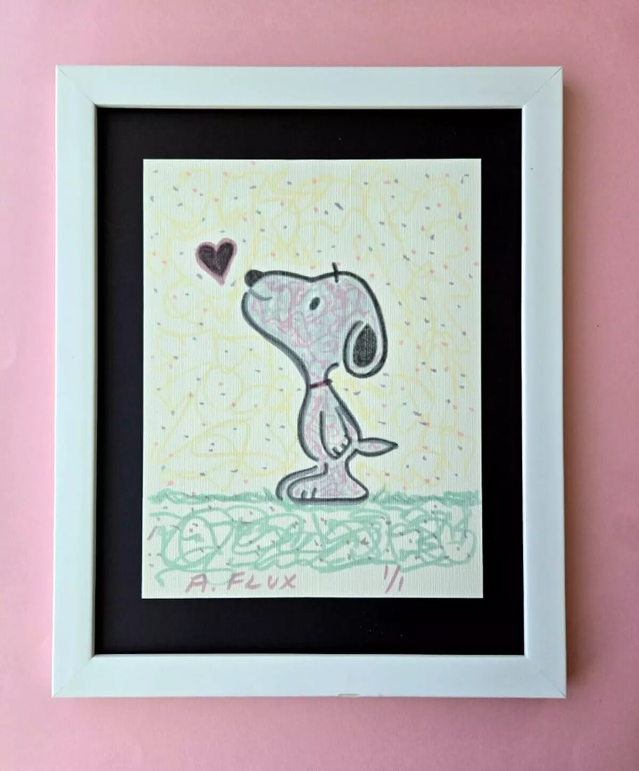 Aidan Flux - Snoopy Kisses | Iconic Mixed Media Artwork 1/1 Hand Signed COA: Own a Unique and Striking Artwork by the renowned contemporary artist Aidan Flux. Artist: Aidan Flux Title: " SNOOPY KISSES ") Medium: Mixed Media Edition: Unique Piece Size: 10x8 in. Frame: Included,