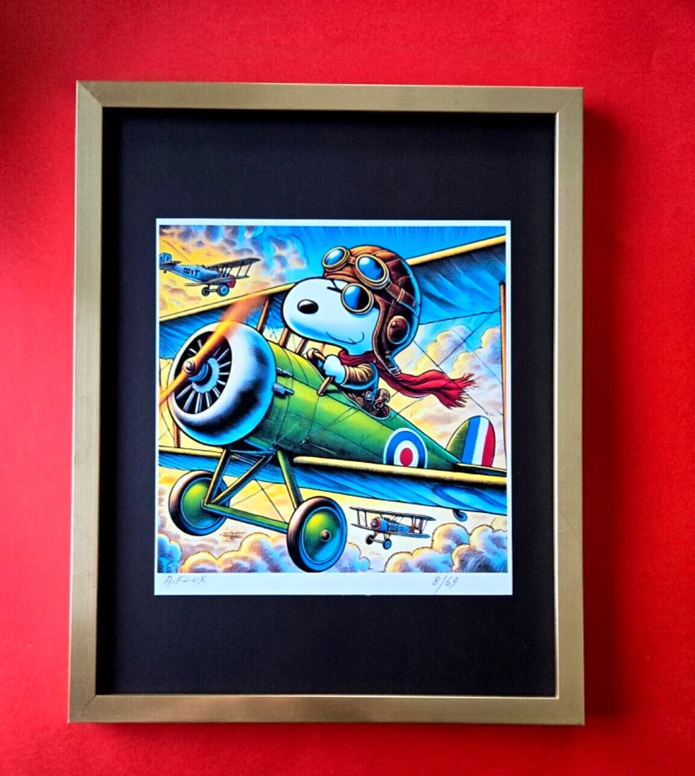 AIDAN FLUX Hand Signed Authentic LtdED Print Framed SNOOPY AVIATOR COA (1 of 3)