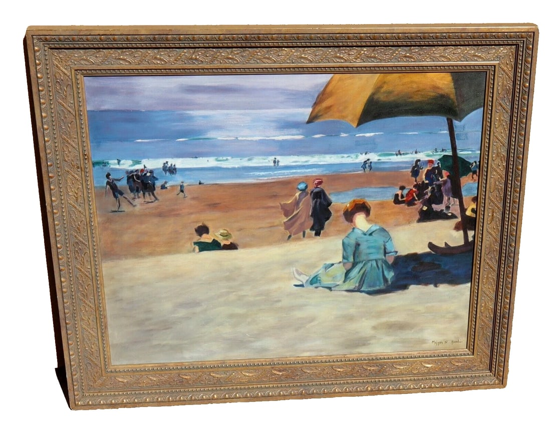 Artist Unidentified Vintage impressionist oil painting FIGURES AT THE BEACH (1 of 6)