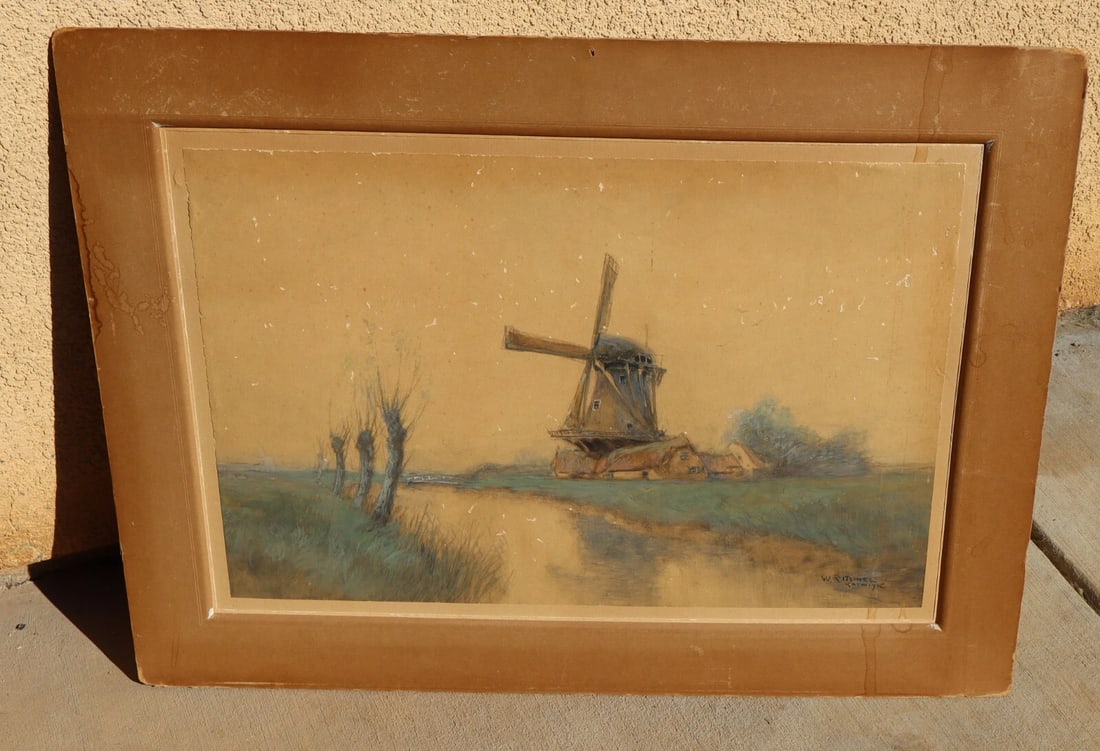WILLIAM FREDERICK RITSCHEL Turn of Century watercolor Windmill Dutch Landscape: WILLIAM FREDERICK RITSCHEL (1864-1949). Turn of the Century original watercolor. Windmill in a Dutch Landscape, Katwiyk, 16" x 24" watercolor glued to backing (matted size: 23-1/4" x 31") signed/inscr
