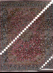 Vintage Red Floral 10X14 Kerman Persian Rug: Title: Vintage Red Floral 10X14 Kerman Persian Rug Description:Handmade Vintage 10X14 red floral Kerman Persian rug made with vegetable dyes (fine wool pile and cotton foundation), superior knot count