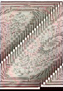 9' x 12' Needle Point Aubusson Rug #F-6312: Title:9' x 12' Needle Point Aubusson Rug #F-6312 Description:Size in Feet: Width: 8.9 x Length: 11.9 Size in Inches: Width: 105 in x Length: 141 in Rug Type: Area Rug Colors: Ivory, Rose, green Weave: