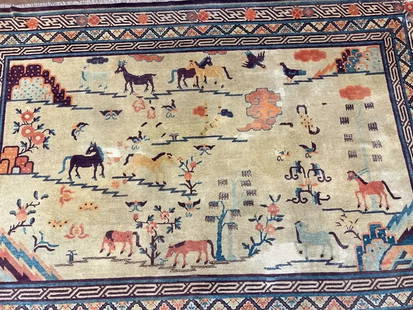 19th C Chinese 8 Horses Ningxia Rug 6′ X 9′: Title:19th C Chinese 8 Horses Ningxia Rug 6&#8242; X 9&#8242; Size:5 ft-2 in (1.57 m) x 9 ft-3 in (2.82 m) Description:This Chinese 8 Horses pictorial rug embodies a rich tapestry of history and artis