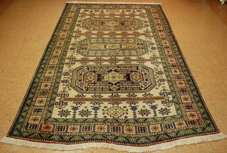 CAUCASIAN RUG 5'4" X 8'6": Title: CAUCASIAN RUG 5'4" X 8'6" Description:OLD, ANTIQUE CAUCASIAN UNUSUAL SHIRVAN, KAZAK DESIGN CAUCASIAN RUG ....with an exact size of 5'4" X 8'6" .......Wonderful background .......Condition is pe