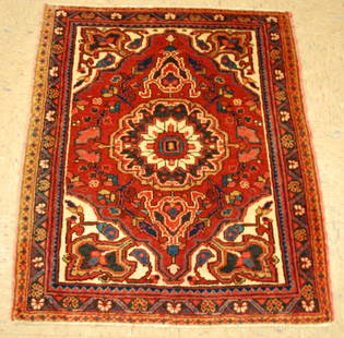 Persian HERIZ RUG 2'9" X 3'2": Title: Persian HERIZ RUG 2'9" X 3'2" Description:OLD,ANTIQUE HIGHLY DETAILED DESIGN Persian HERIZ ORIENTAL RUG ,,,with exact size of 2'9" X 3'2" .......Red background with Wool woven on cotton foundat